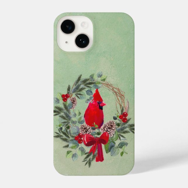 Watercolor Cardinal Bird Wreath Christmas iPhone Case (Back)
