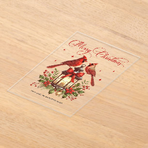 Watercolor Cardinal Birds on Christmas Lantern Acrylic Invitations