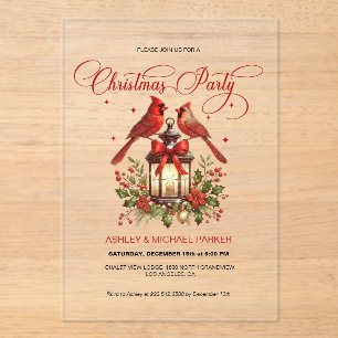 Watercolor Cardinal Birds on Christmas Lantern Acrylic Invitations
