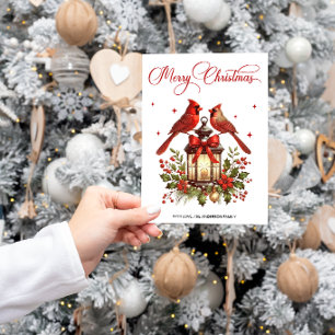 Watercolor Cardinal Birds on Christmas Lantern Holiday Card