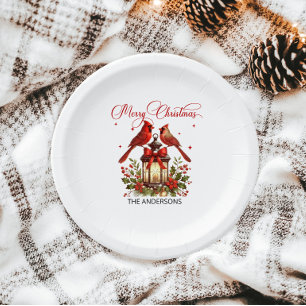 Watercolor Cardinal Birds on Christmas Lantern Paper Plates