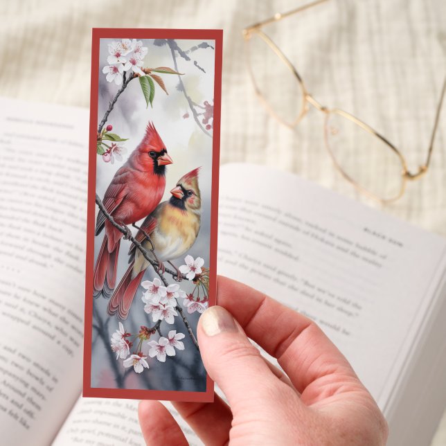 Watercolor Cardinal Birds With Cherry Blossom Bookmarks (Hand)