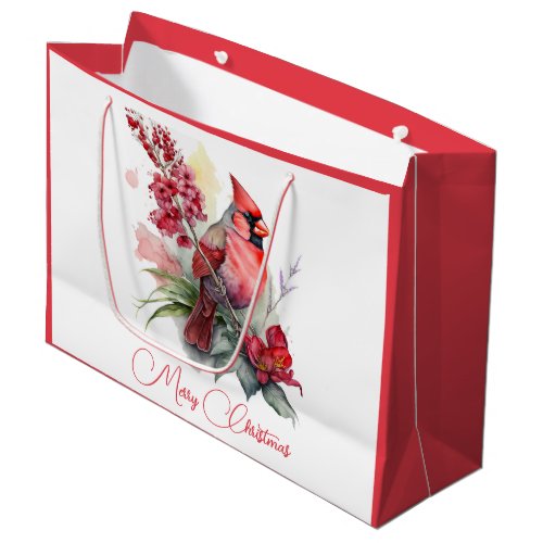 Watercolor Cardinal Christmas  Large Gift Bag