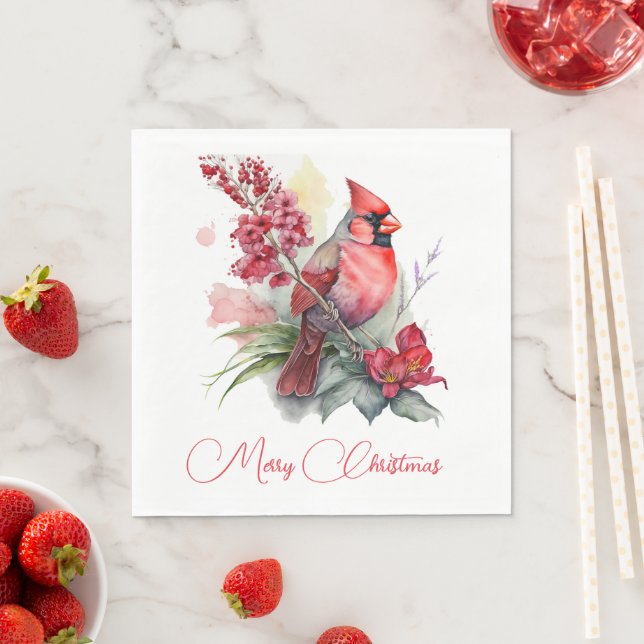 Watercolor Cardinal Christmas  Napkins (Insitu)