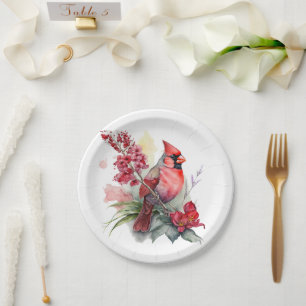 Watercolor Cardinal Christmas  Paper Plates