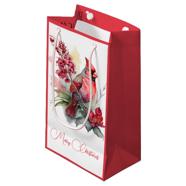 Watercolor Cardinal Christmas  Small Gift Bag (Front Angled)