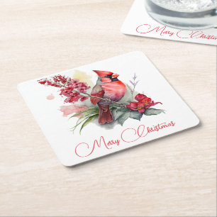 Watercolor Cardinal Christmas  Square Paper Coaster