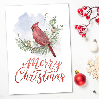 Watercolor Cardinal Conifers Snow Christmas Holiday Card