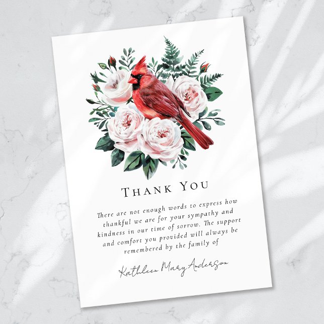 Watercolor Cardinal Floral Sympathy Funeral  Thank You Card (Creator Uploaded)