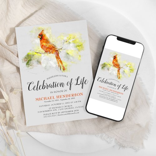 Watercolor Cardinal Funeral Celebration of Life Invitation