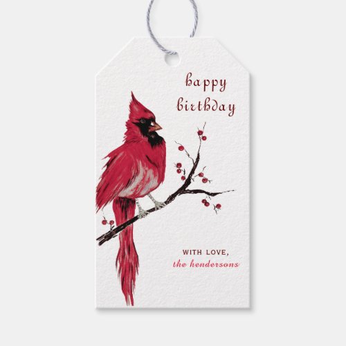 Watercolor Cardinal Happy Birthday Gift Tags
