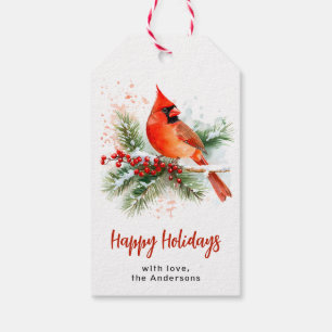 Watercolor Cardinal Holly & Berries Personalized Gift Tags