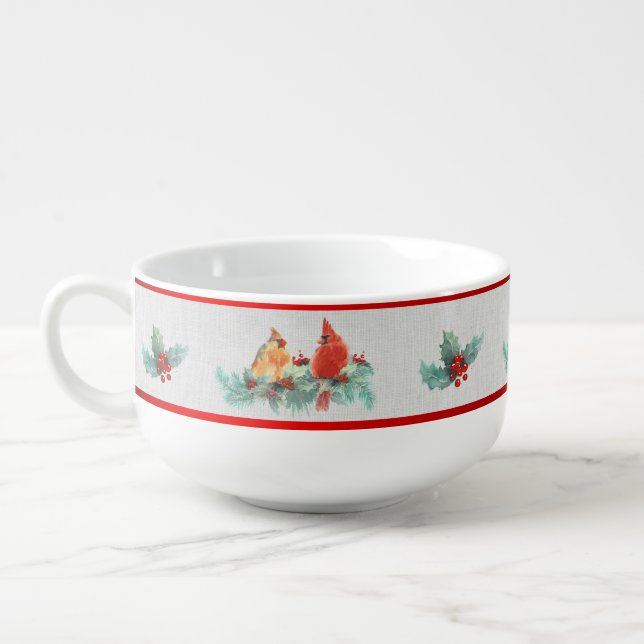 Watercolor Cardinal Pair Holly  Soup Mug (Right)