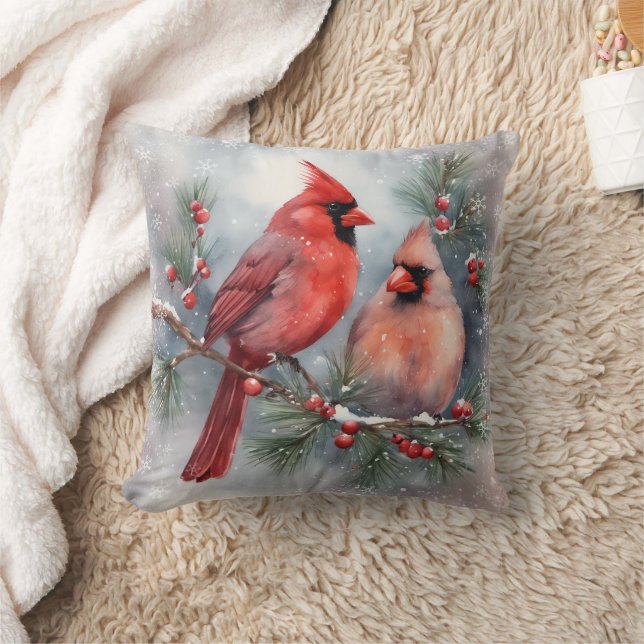 Watercolor Cardinal Pair Holly Throw Pillow (Blanket)