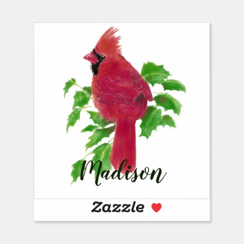 Watercolor Cardinal Red Bird Nature Custom Name Sticker