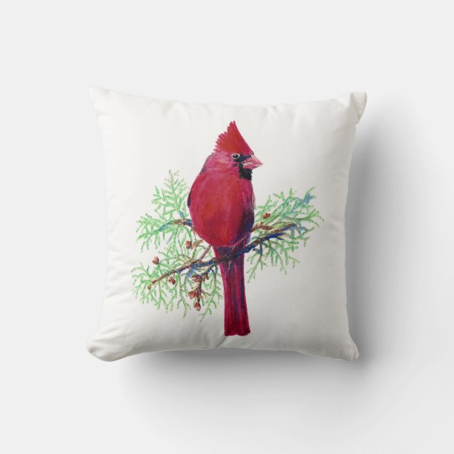 Watercolor Cardinal, Red Bird Throw Pillow (Front)