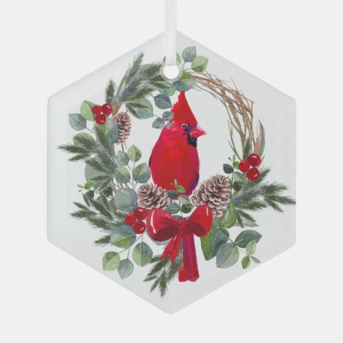 Watercolor Cardinal Red Bird Wreath Glass Ornament