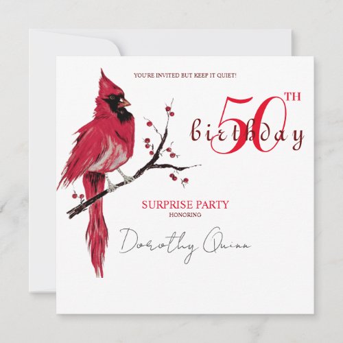 Watercolor Cardinal Surprise Birthday Party Invitation