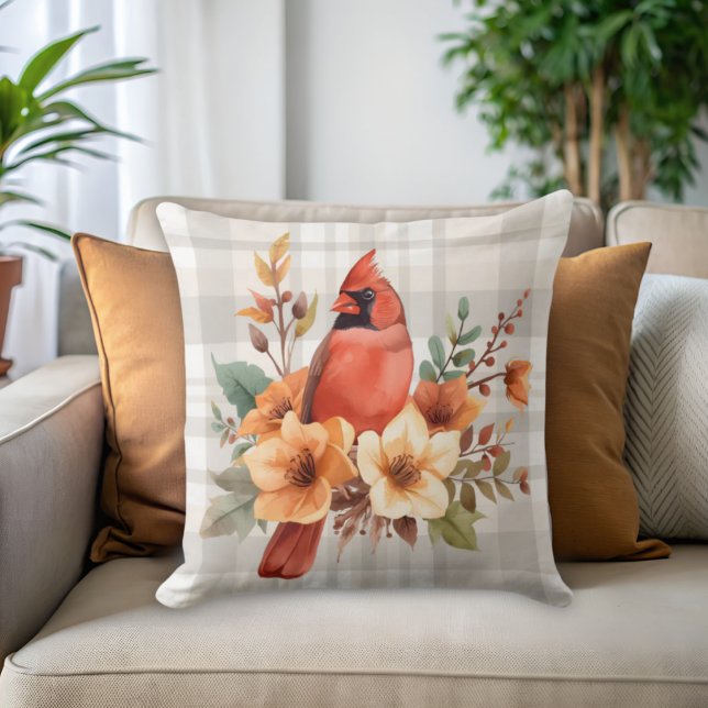Watercolor Cardinal with Fall Flowers & Plaid Throw Pillow (Cardinal floral and plaid throw pillow)