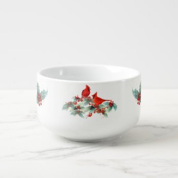Watercolor Cardinals On Holly Branches Soup Mug by steelmoment at Zazzle