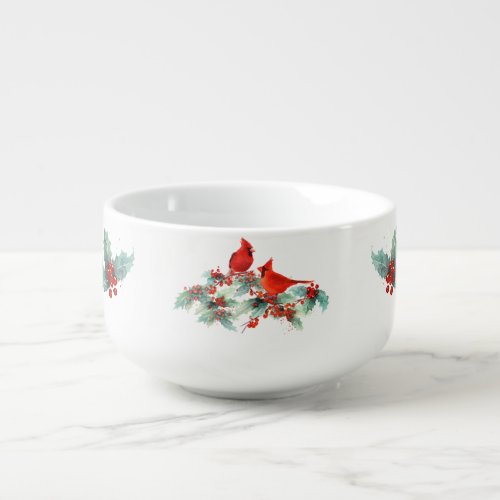 Watercolor Cardinals on Holly Branches Soup Mug