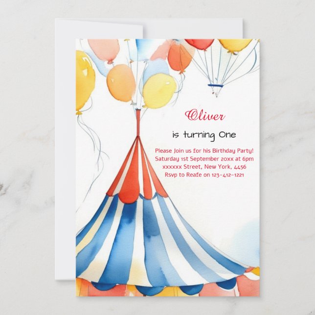 Watercolor Carnival Circus 1st Birthday Invitation (Front)