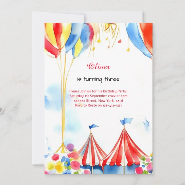 Watercolor Carnival Circus 1st Birthday Invitation (Front)