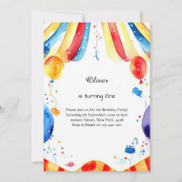 Watercolor Carnival Circus 1st Birthday Invitation