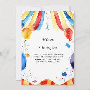 Watercolor Carnival Circus 1st Birthday Invitation