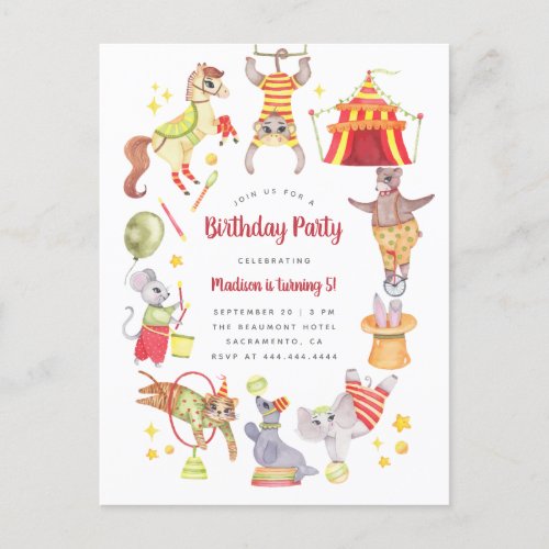 Watercolor Carnival Circus Animal Kids Birthday Invitation Postcard