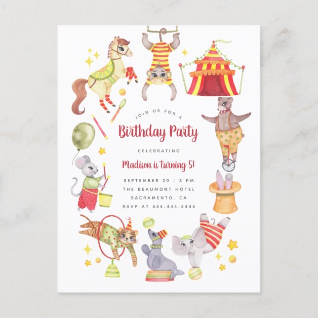 Watercolor Carnival Circus Animal Kids Birthday Invitation Postcard (Front)