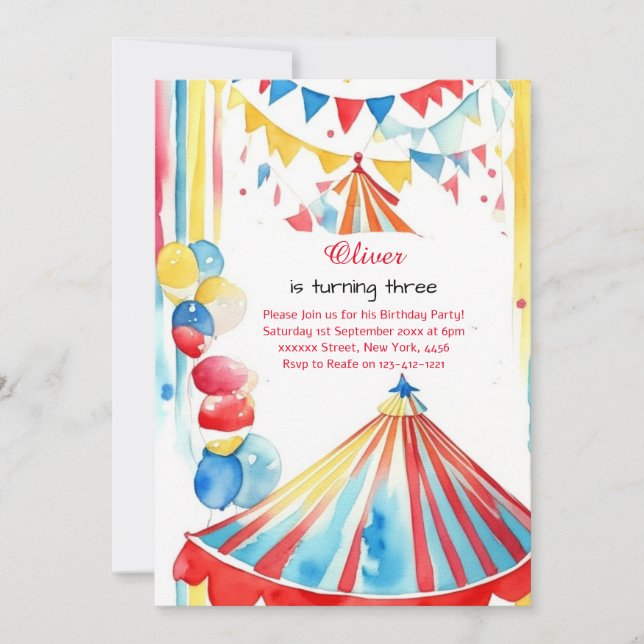 Watercolor Carnival Circus Birthday Invitation (Front)