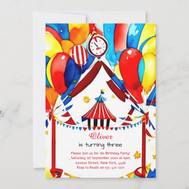 Watercolor Carnival Circus Birthday Invitation (Front)
