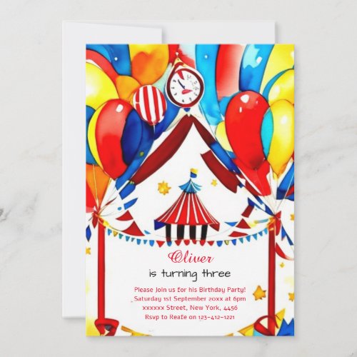 Watercolor Carnival Circus Birthday Invitation