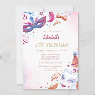 Watercolor Carnival Masque Birthday Invitation