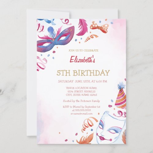 Watercolor Carnival Masque Birthday  Invitation