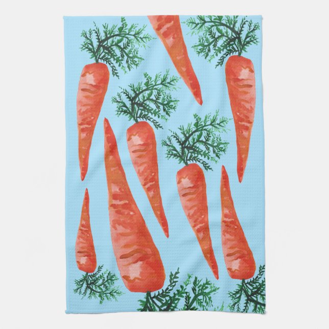 Watercolor carrots collection blue kitchen towel (Vertical)