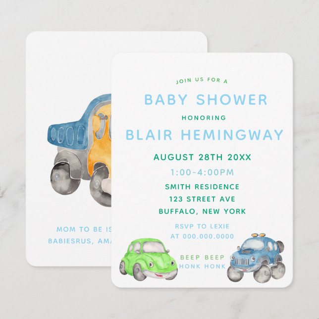 Watercolor Cars Boy Baby Shower Invitation (Front/Back)