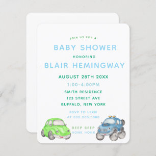 Watercolor Cars Boy Baby Shower Invitation