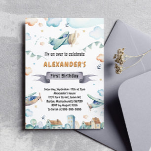 Watercolor Cartoon Airplanes Kids Birthday Invitat Invitation