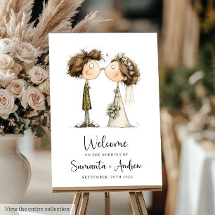 Watercolor Cartoon Wedding Couple Sign Funny Poste