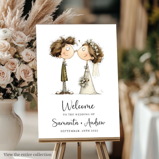 Watercolor Cartoon Wedding Couple Sign Funny Poste (Watercolor Cartoon Wedding Couple Sign Funny Poster)