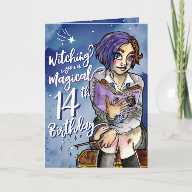 Watercolor Cartoon Witch Magical 14th Birthday Card (Front)