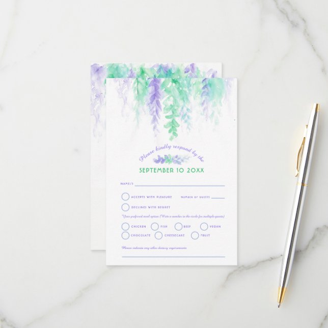 Watercolor cascade wedding purple blue green RSVP (Front/Back In Situ)