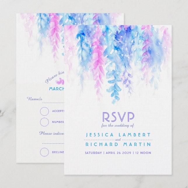 Watercolor cascading blue purple wedding RSVP Invitation (Front/Back)