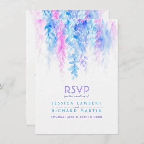 Watercolor cascading blue purple wedding RSVP Invitation
