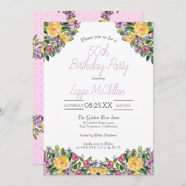 Watercolor Cascading Floral Bouquet Birthday Party Invitation (Front/Back)