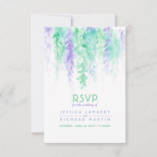 Watercolor cascading green purple wedding RSVP