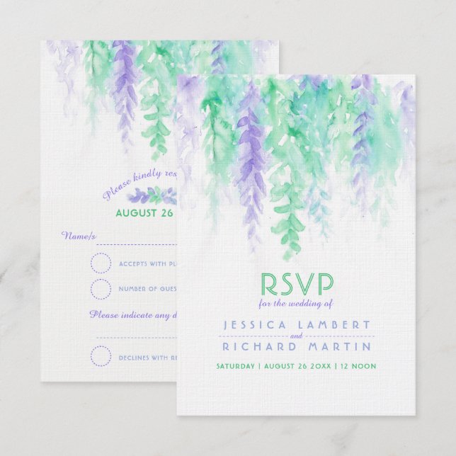 Watercolor cascading green purple wedding RSVP Invitation (Front/Back)