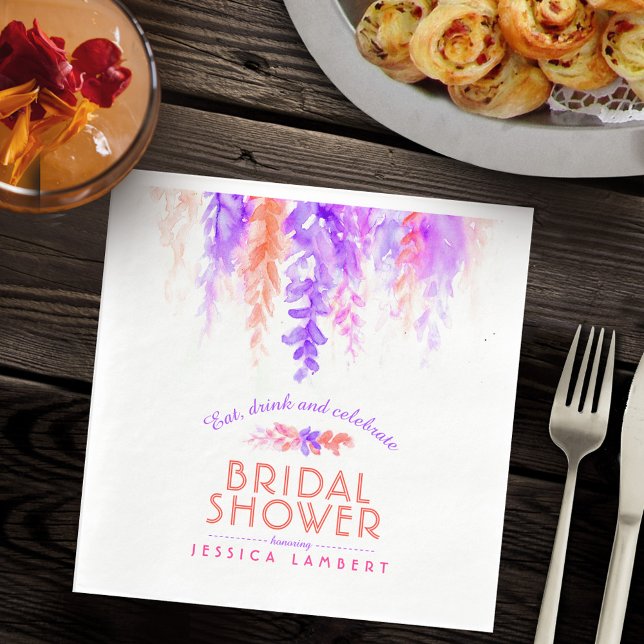 Watercolor cascading purple orange bridal shower paper napkins (Creator Uploaded)